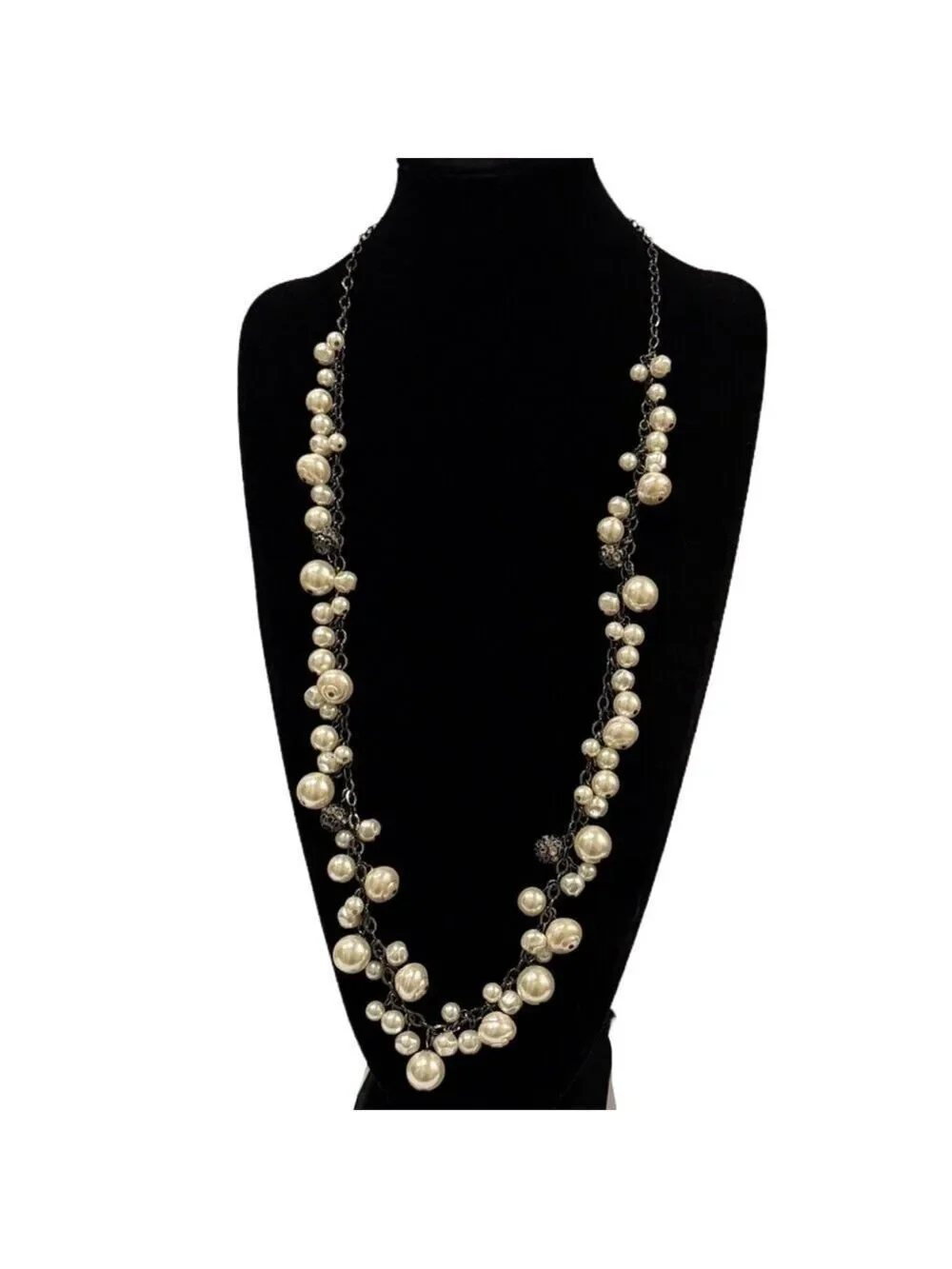 Chico's Gunmetal and Pearl Cluster Long Necklace New